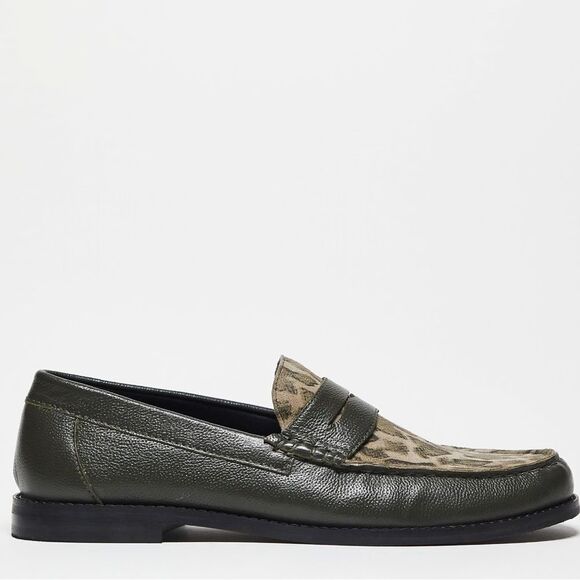 ASOS DESIGN penny loafers in green khaki leather w/faux snake print, Sz 13. NWOT - Picture 2 of 16